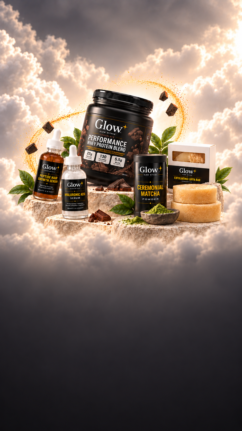 Glow Nutrition black and gold supplement collection on stone pedestals among clouds, gold stars and golden glitter