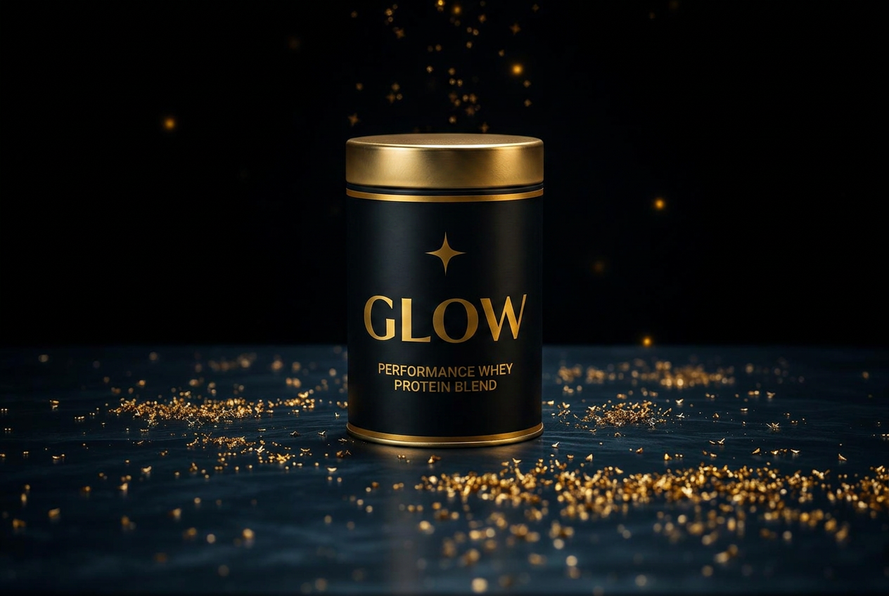 Glow Nutrition Performance Whey Protein Blend black and gold tub surrounded by golden glitter on a dark background